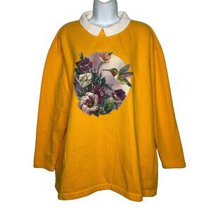 Vintage 90s Yellow Collared Tunic Sweatshirt Size XL Floral Hummingbird